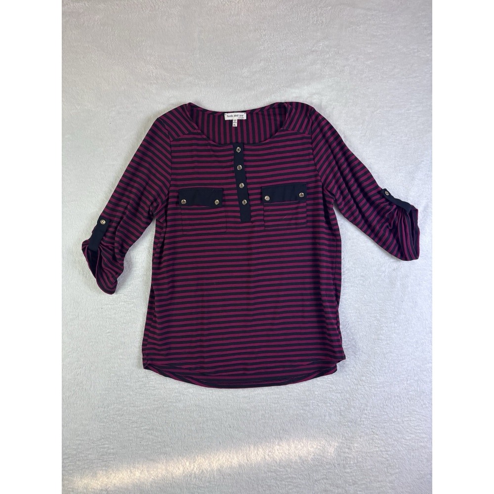 Faith & Joy Blouse Top Womens PL Black Red Striped Round Neck Long Sleeve